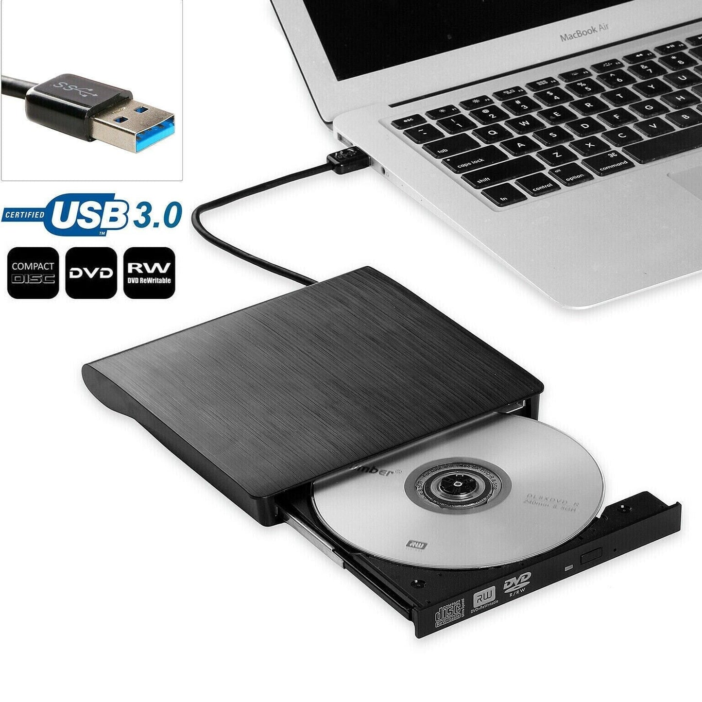 Slim External CD DVD RW Drive USB 3.0 Writer Burner Player Black For