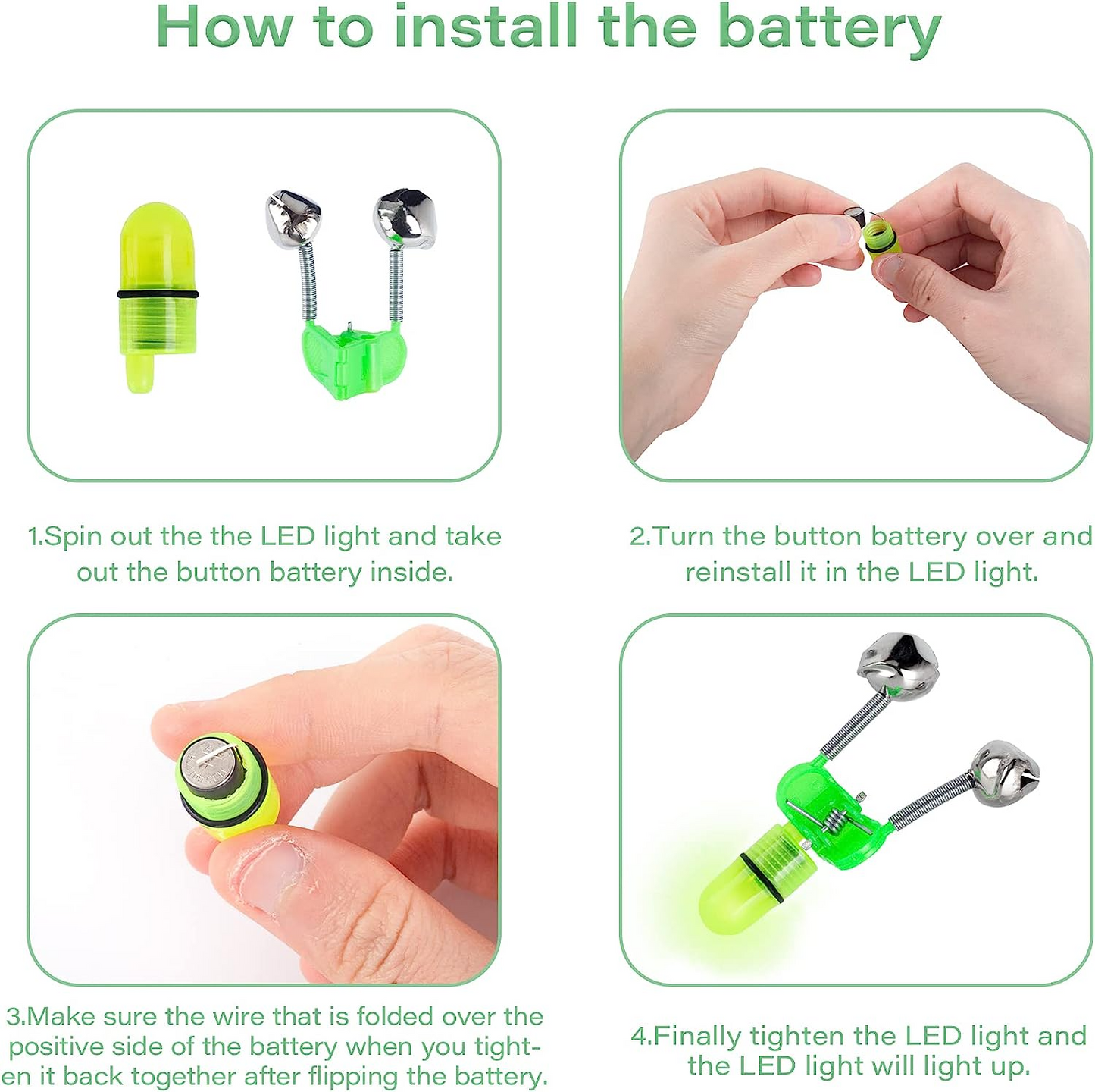 10/40 PC LED Night Fishing Bite Bait Alarm 2 Bells Light Rod Tip Clip