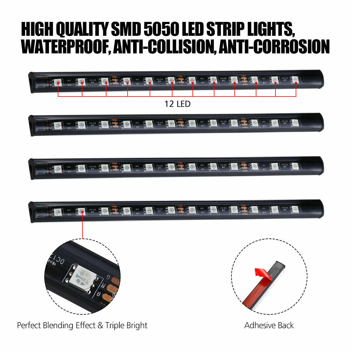 4X 48LED RGB Car Interior Atmosphere Light Strip Bar Bluetooth APP