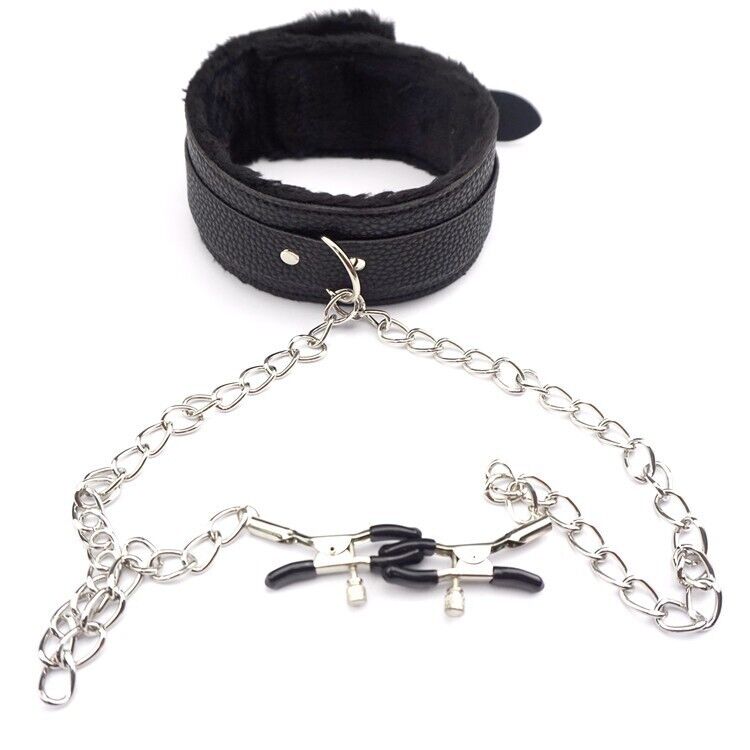 PU Leather Collar With Nipple Clamps SM Bondage Play Sex Toys For