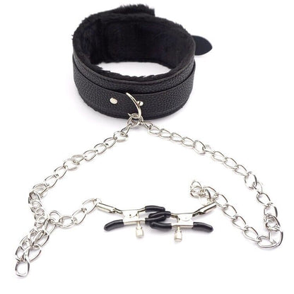 PU Leather Collar With Nipple Clamps SM Bondage Play Sex Toys For