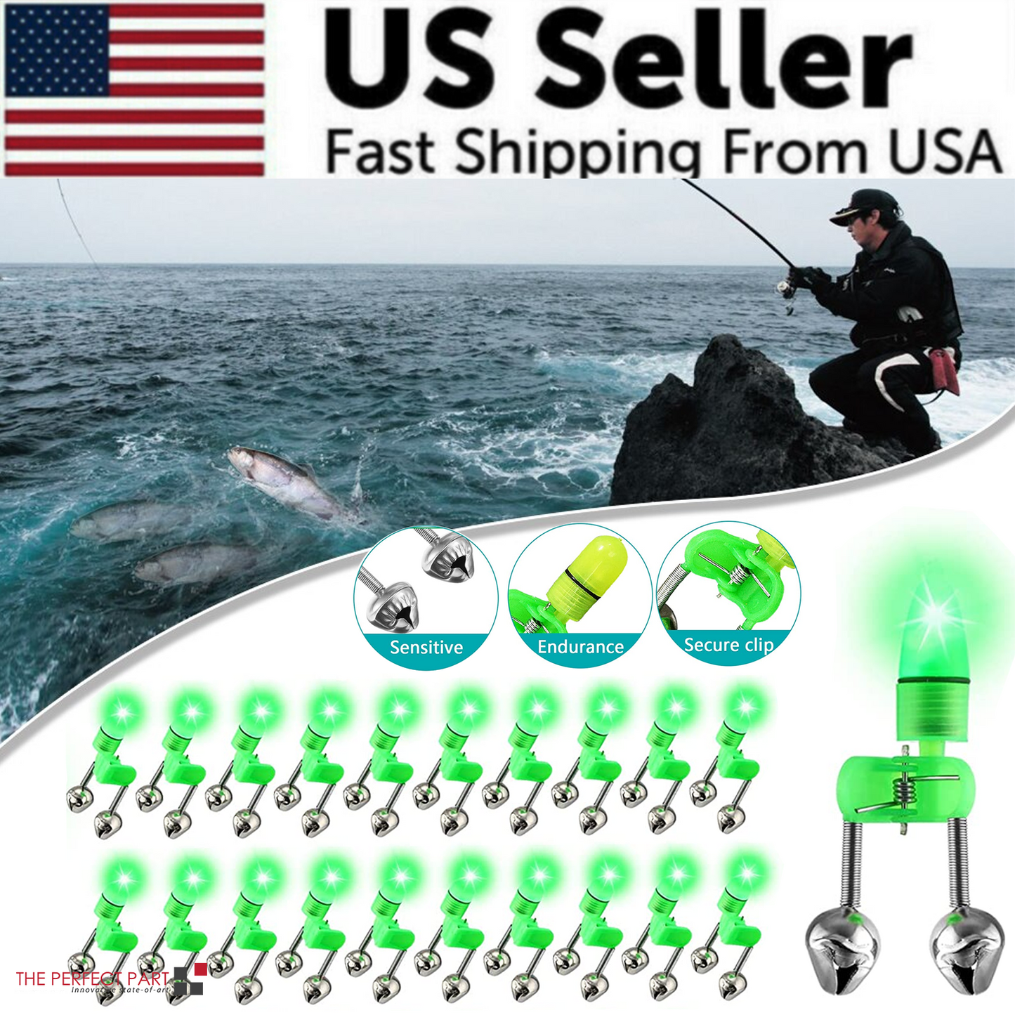 10/40 PC LED Night Fishing Bite Bait Alarm 2 Bells Light Rod Tip Clip