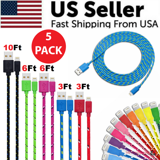 Charging Data Cable 5 Pack 3/6/10ft Charger Nylon Braided For Apple