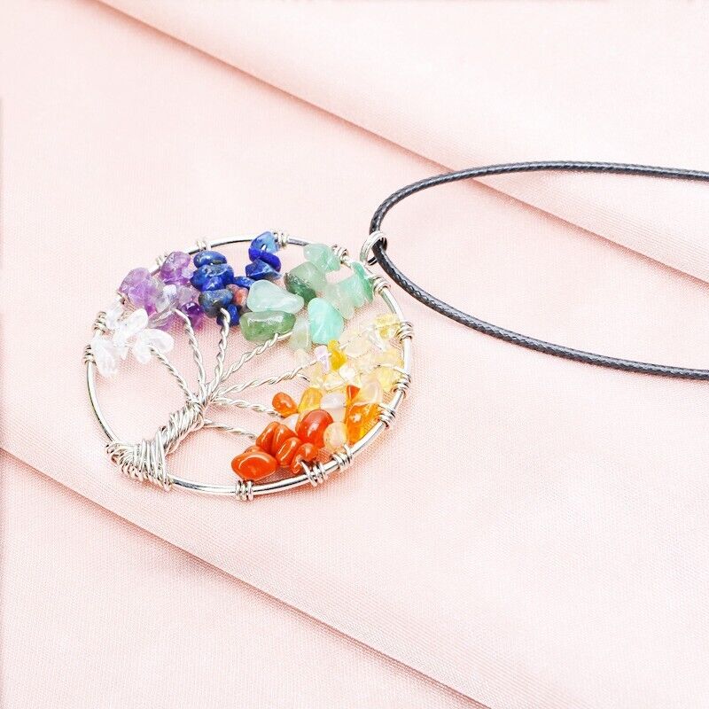 Tree of Life Pendant Necklace 7 Chakra Natural Gemstone Crystal Stones