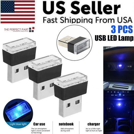 3x Mini Blue LED USB Car Interior Light Neon Atmosphere Ambient Lamp