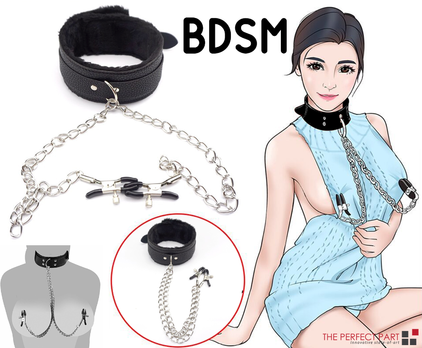 PU Leather Collar With Nipple Clamps SM Bondage Play Sex Toys For