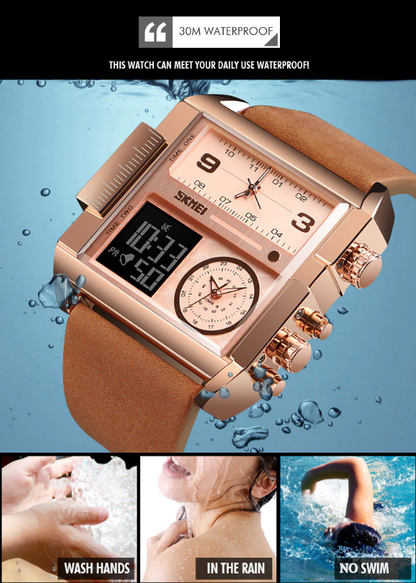 SKMEI Men Watch Large Dial Digital Quartz Sport Stopwatch Leather