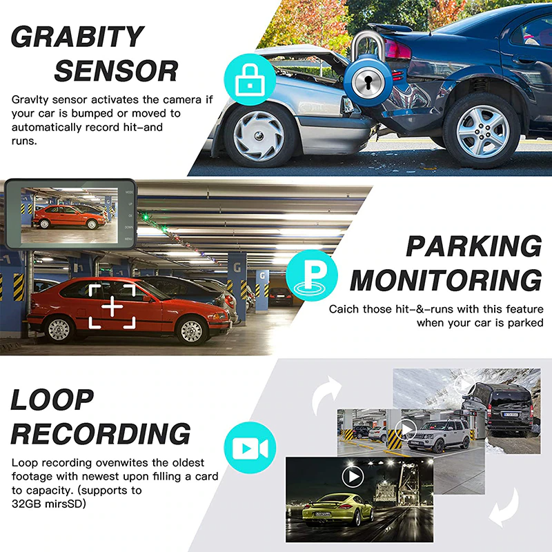 Touch Screen Dash Cam 4" 1080P Dual Lens Car DVR Recorder Front And