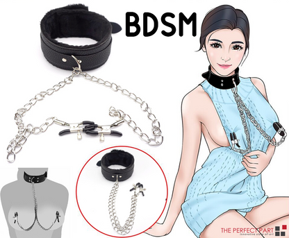 PU Leather Collar With Nipple Clamps SM Bondage Play Sex Toys For