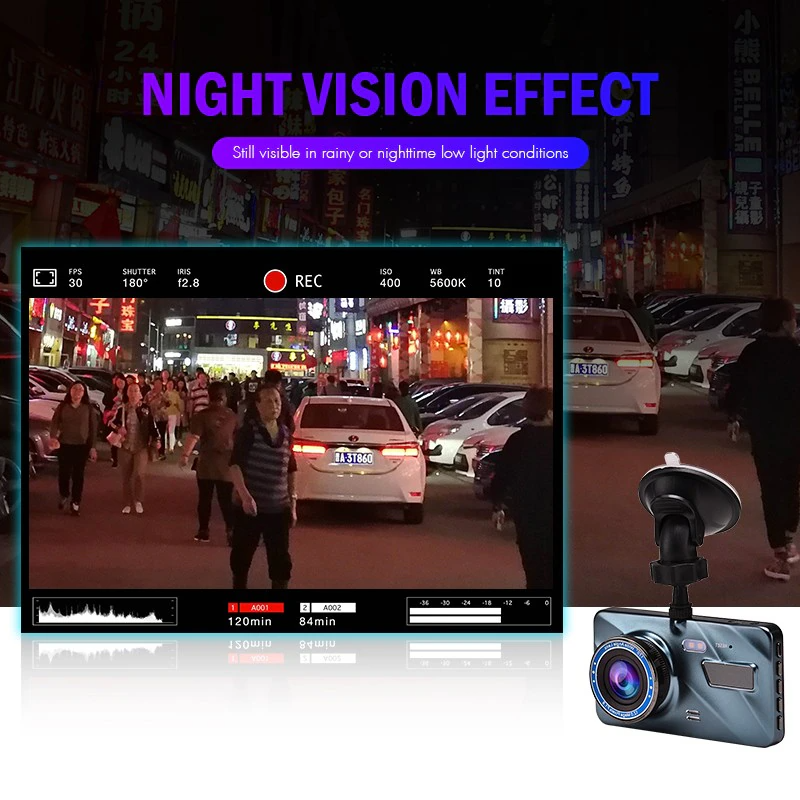 Touch Screen Dash Cam 4" 1080P Dual Lens Car DVR Recorder Front And