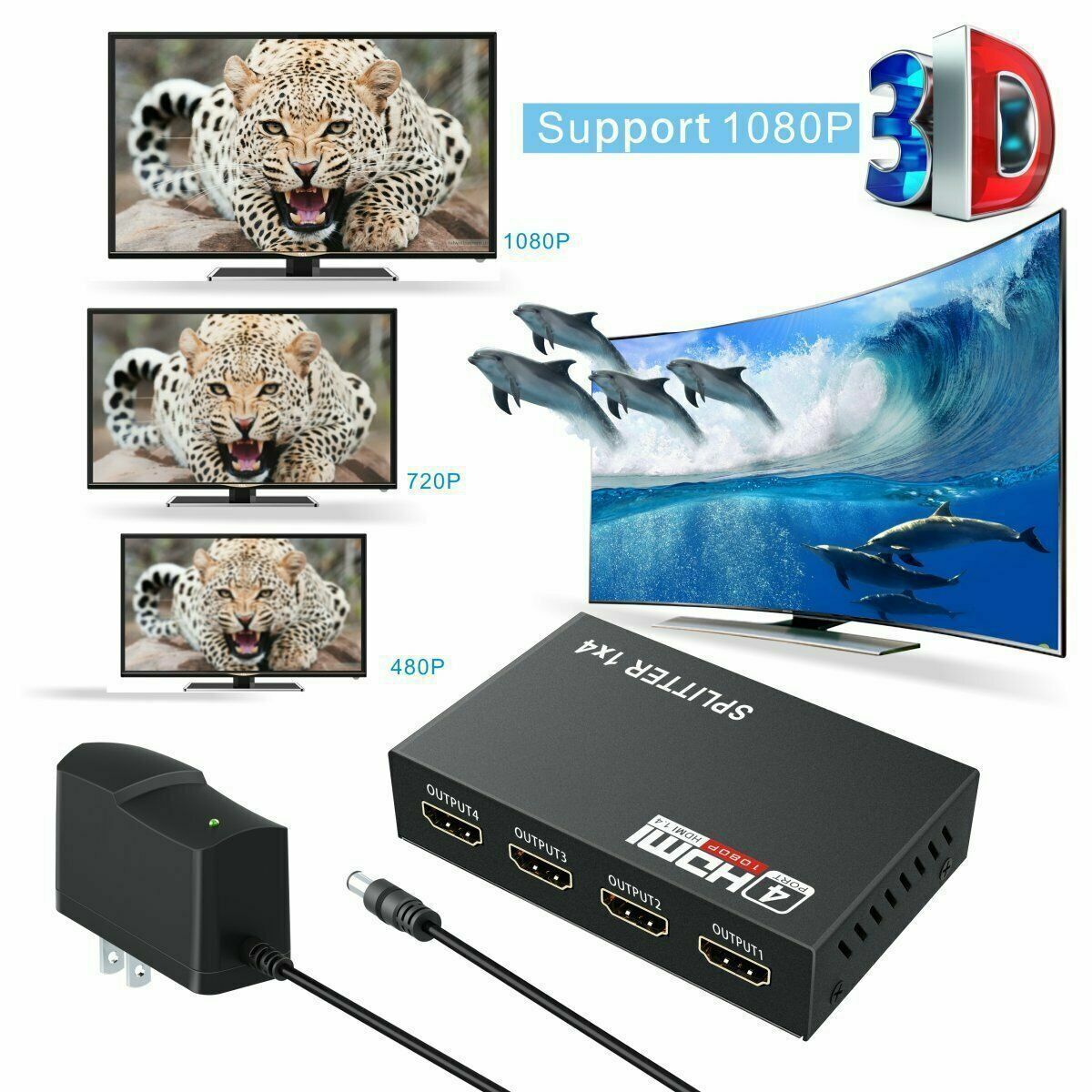 4 Port HDMI 4K Hub Multi Splitter & Amplifier For 3D HDTV 1080P 1X4 1
