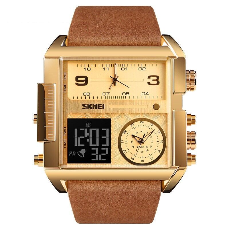 SKMEI Men Watch Large Dial Digital Quartz Sport Stopwatch Leather