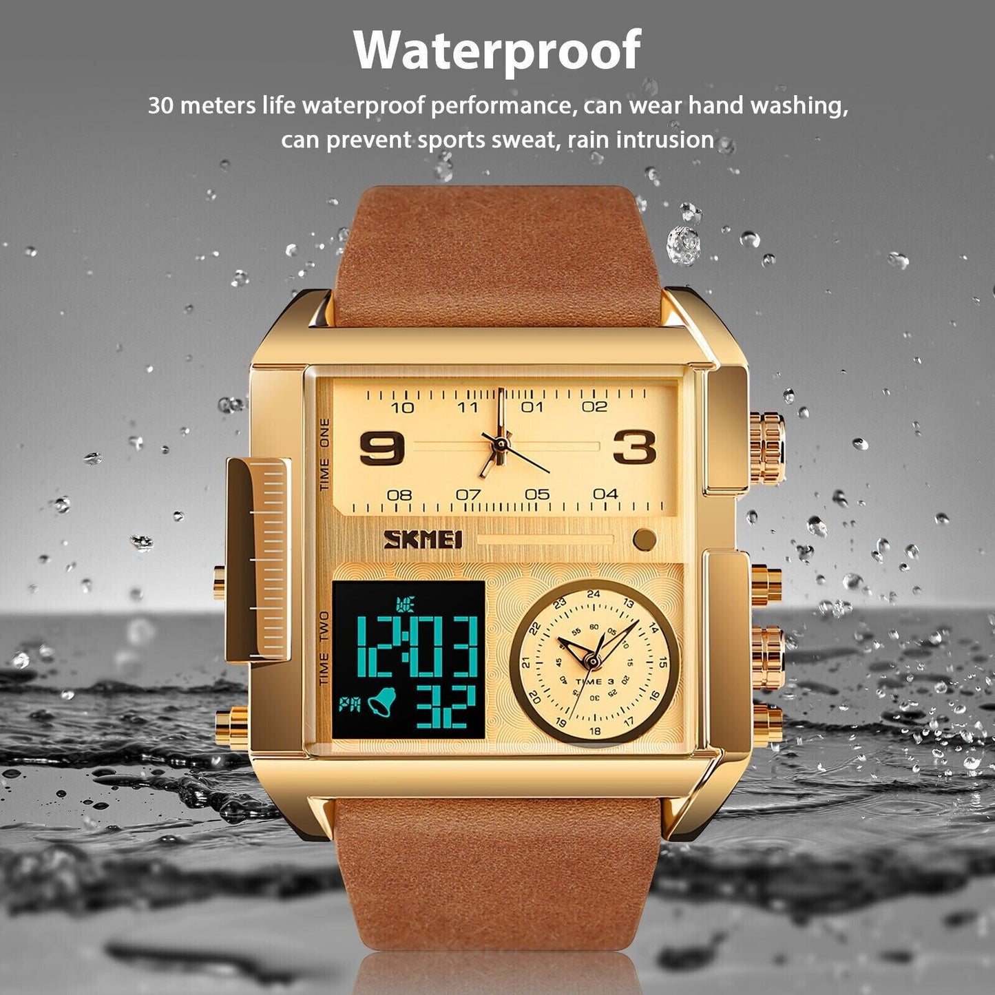 SKMEI Men Watch Large Dial Digital Quartz Sport Stopwatch Leather