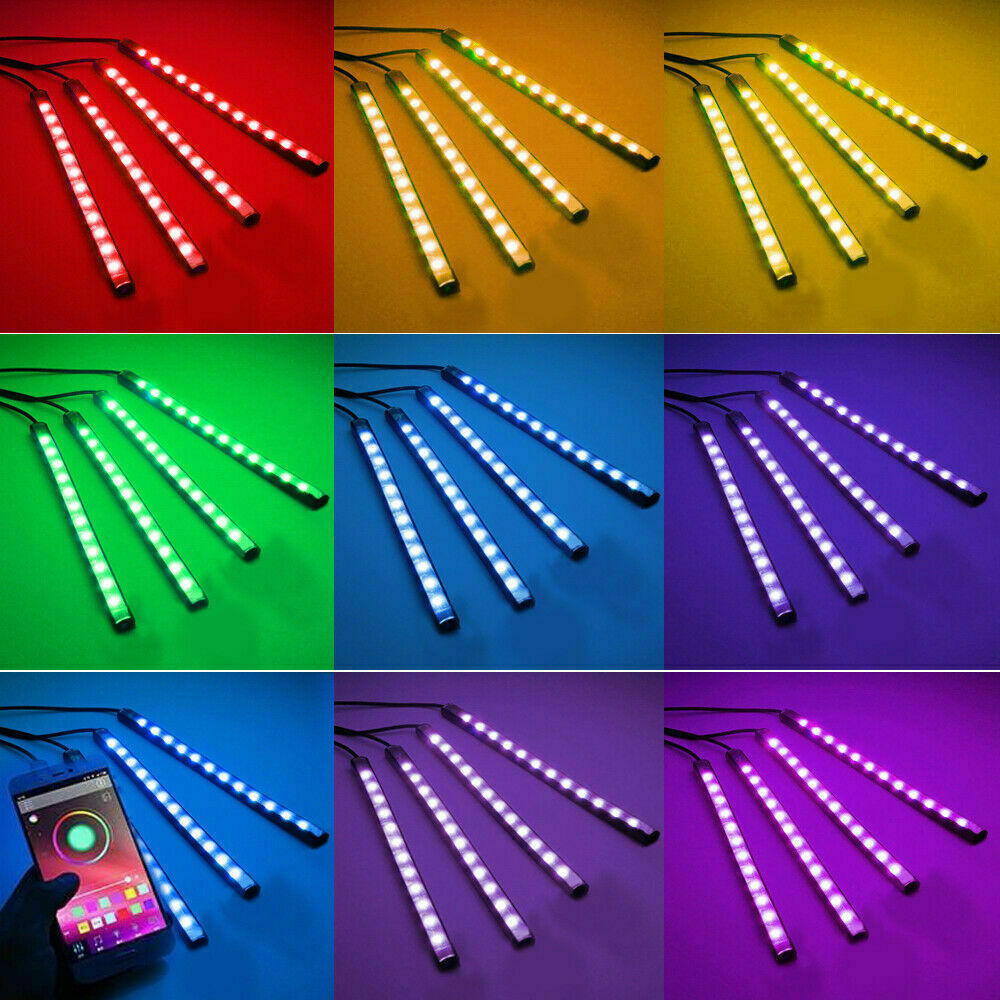 4X 48LED RGB Car Interior Atmosphere Light Strip Bar Bluetooth APP