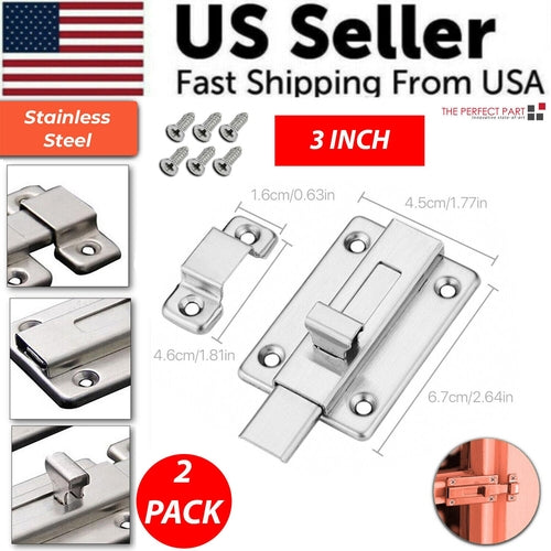 2Pcs Stainless Steel Latch Sliding Silver Doors Lock Keyless Door Bolt