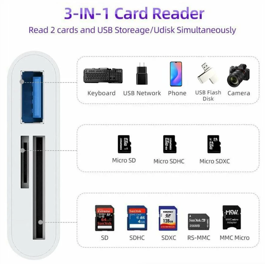 USB C 3 in 1 Hub Converter Type-C Adapter SD Card Reader For MacBook