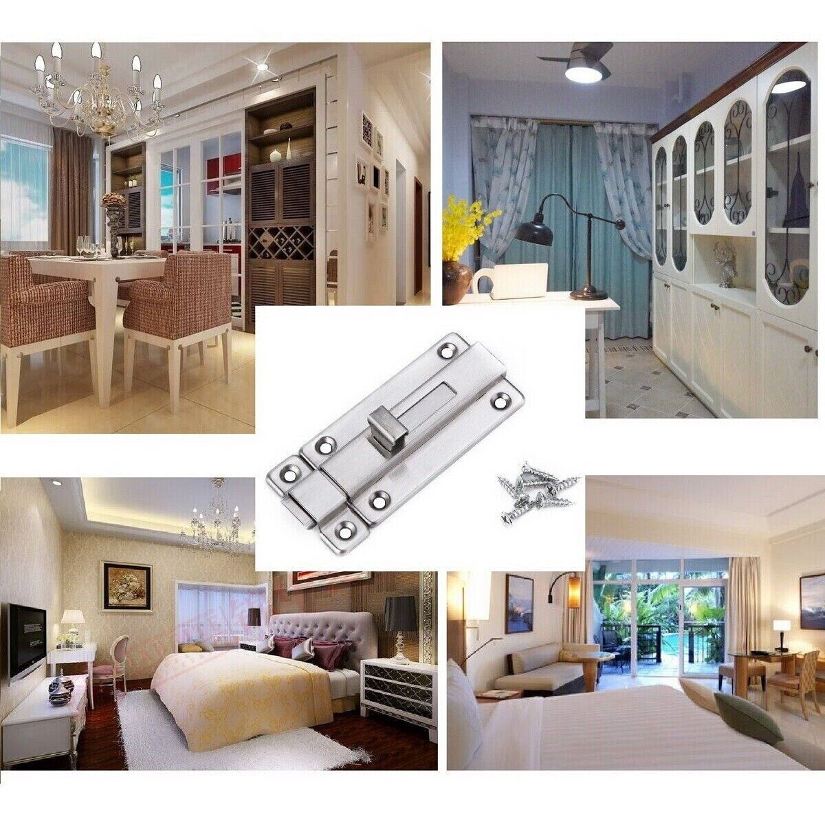 2Pcs Stainless Steel Latch Sliding Silver Doors Lock Keyless Door Bolt