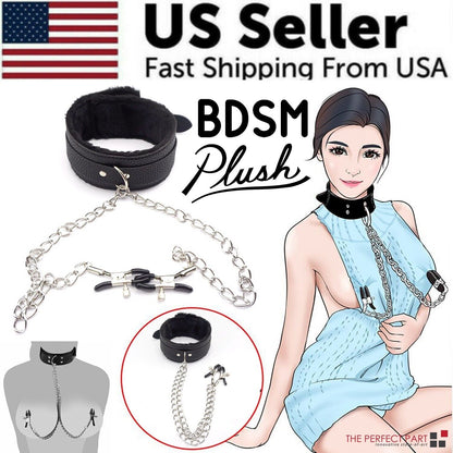 PU Leather Collar With Nipple Clamps SM Bondage Play Sex Toys For