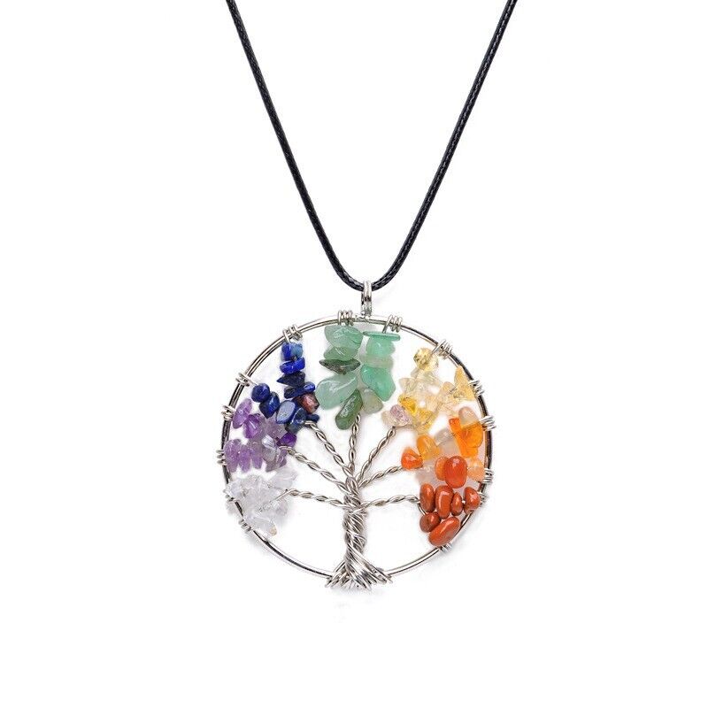 Tree of Life Pendant Necklace 7 Chakra Natural Gemstone Crystal Stones