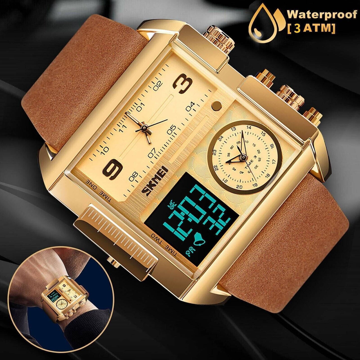 SKMEI Men Watch Large Dial Digital Quartz Sport Stopwatch Leather