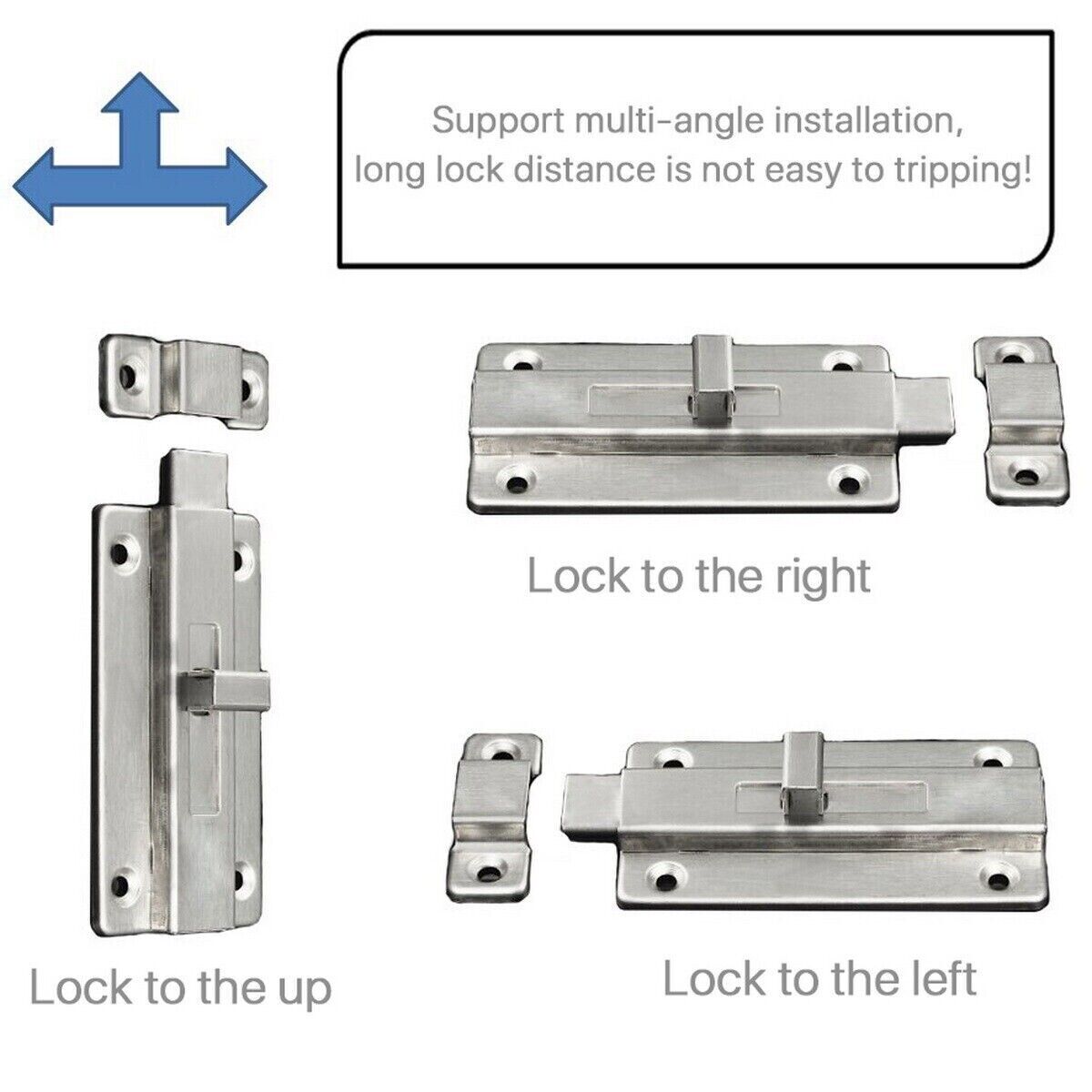 2Pcs Stainless Steel Latch Sliding Silver Doors Lock Keyless Door Bolt