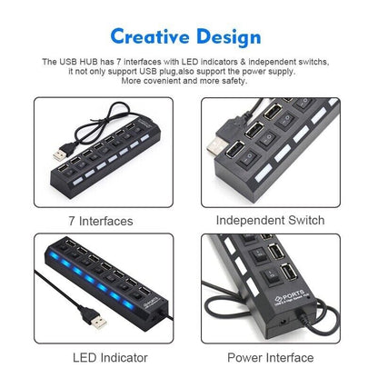 7 Port USB 2.0 / 3.0 Hub Splitter Adapter High Speed For PC Laptop Mac
