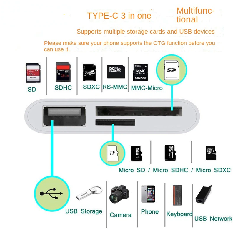 USB C 3 in 1 Hub Converter Type-C Adapter SD Card Reader For MacBook