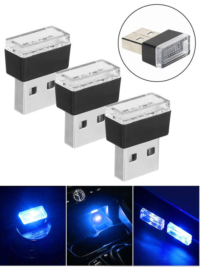 3x Mini Blue LED USB Car Interior Light Neon Atmosphere Ambient Lamp