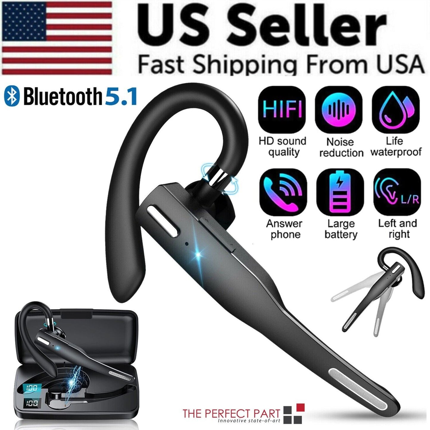Trucker Wireless Headset Bluetooth 5.1 Earpiece Dual Mic Earbud Noise