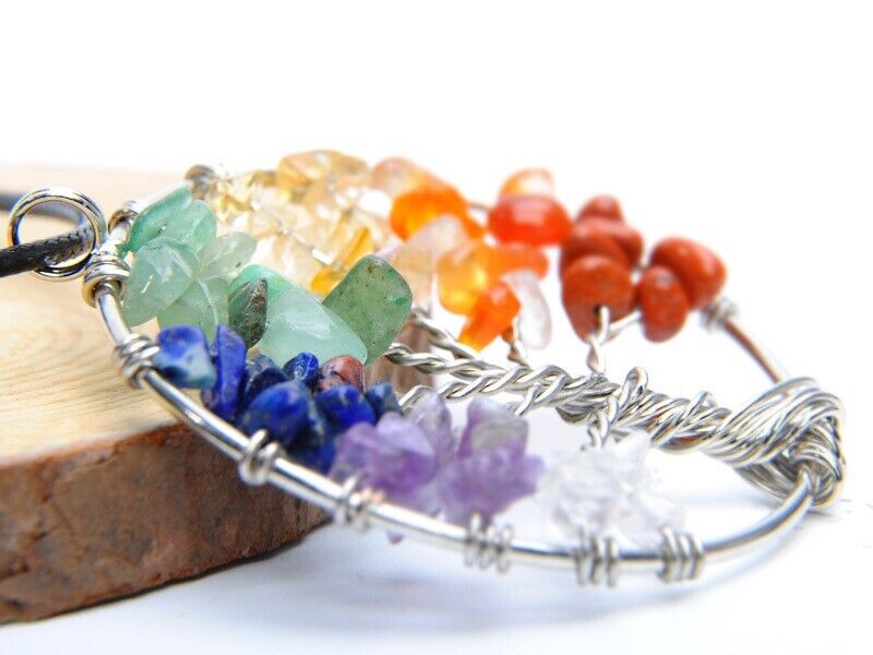 Tree of Life Pendant Necklace 7 Chakra Natural Gemstone Crystal Stones