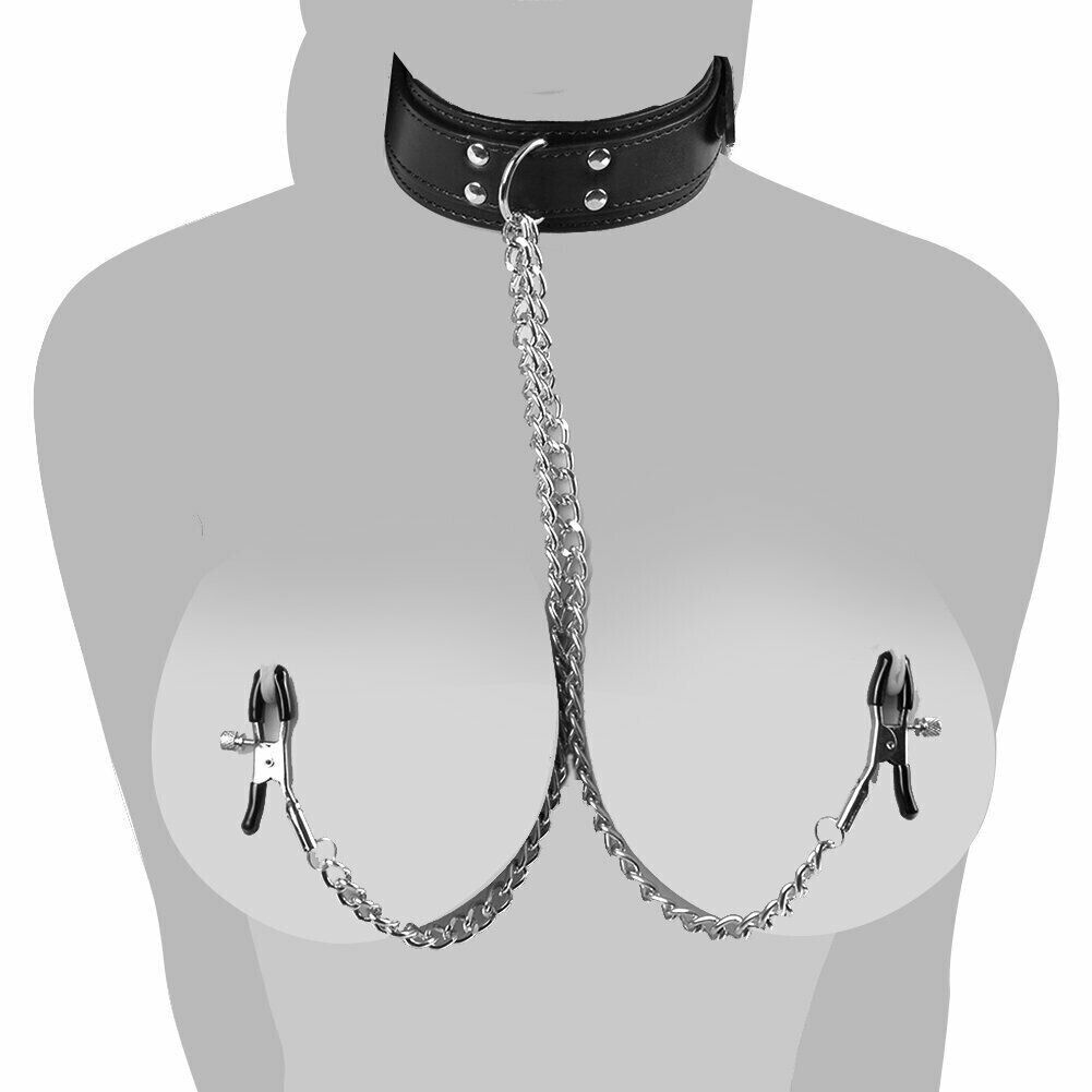 PU Leather Collar With Nipple Clamps SM Bondage Play Sex Toys For