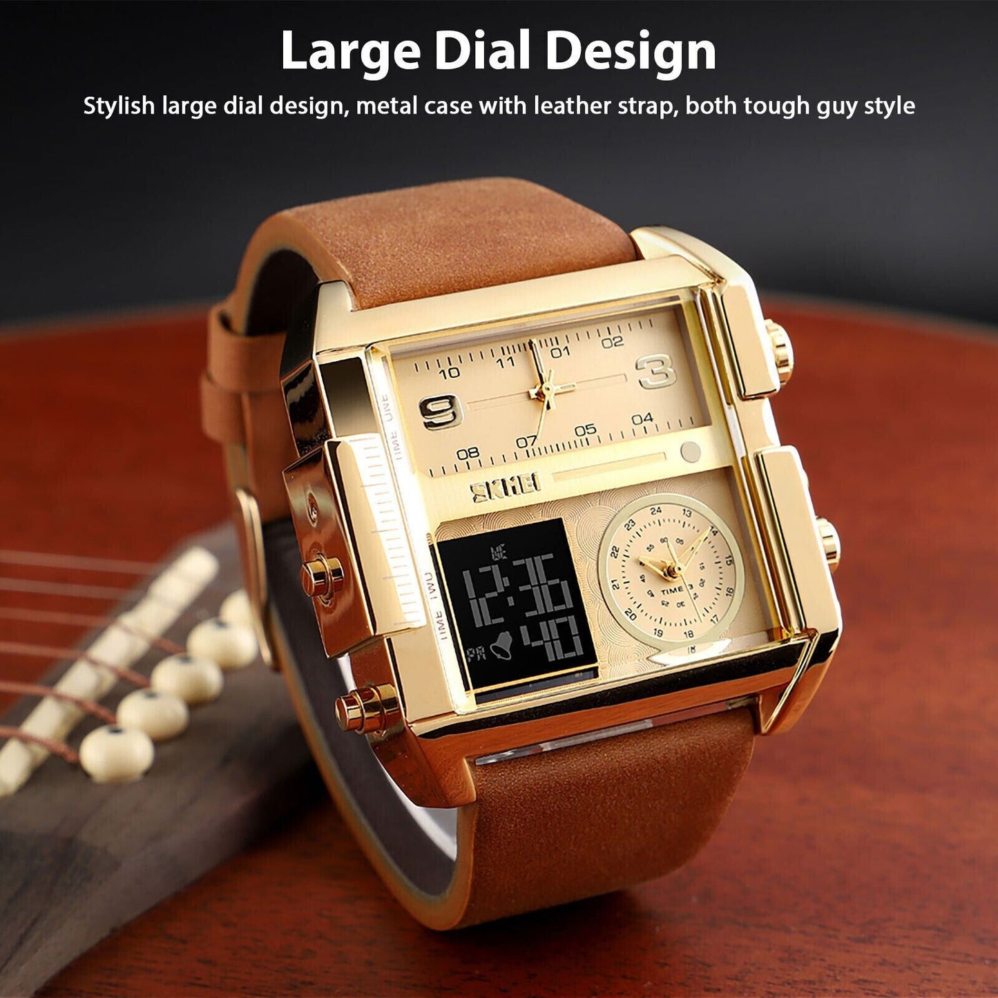 SKMEI Men Watch Large Dial Digital Quartz Sport Stopwatch Leather