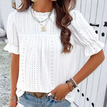 Women's Elegant Ruffle Detail Blouse Short Sleeve Round Neck Top