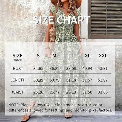 Women's Sexy V-Neck Short Sleeve Maxi Dress Summer Prints And Flowy Big Hem Beach Dresses