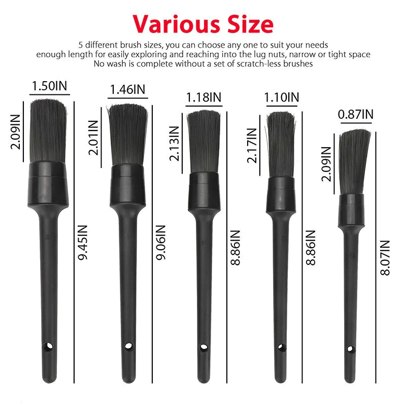 5PC Car Detailing Brush Kit Boar Hair Vehicle Auto Interior for Wheel Clean Sets