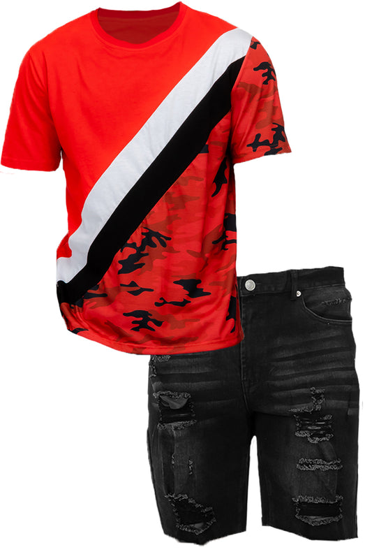 Camo Color Block and Denim Short Set