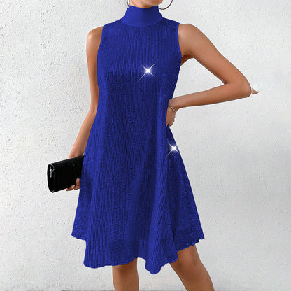Women's Sparkly Sequin Sleeveless Mock Neck Dress Glittery Evening Party Dress
